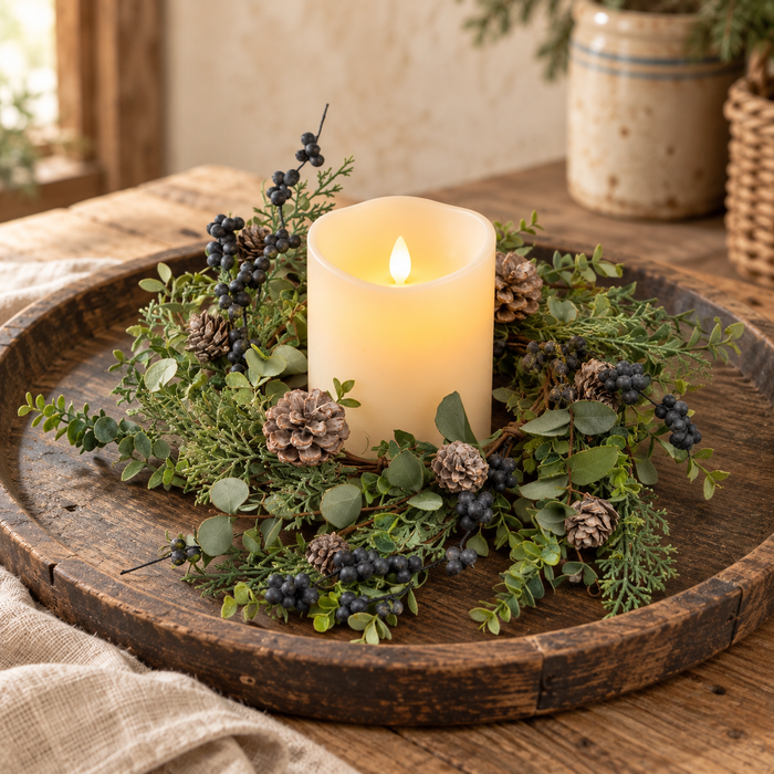 12” Winter Foliage & Pinecone Candle Ring