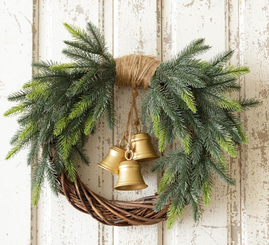 Evergreen Wreath with Brass Bells - Creating Country Decor