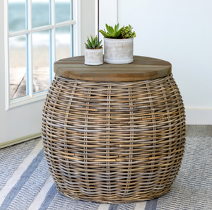 Rattan Side Table with Wood Top