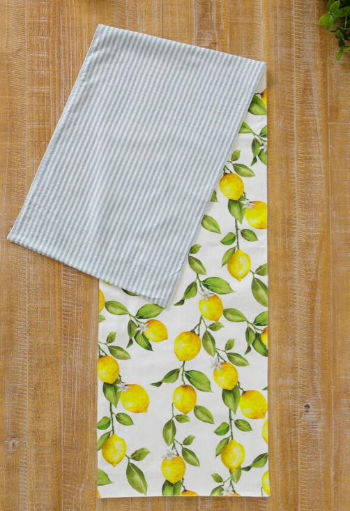 Chemin de table réversible en seersucker citron et bleu 