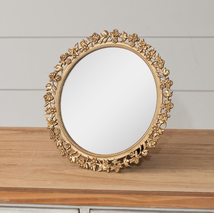 *Round Gold Floral Table Mirror