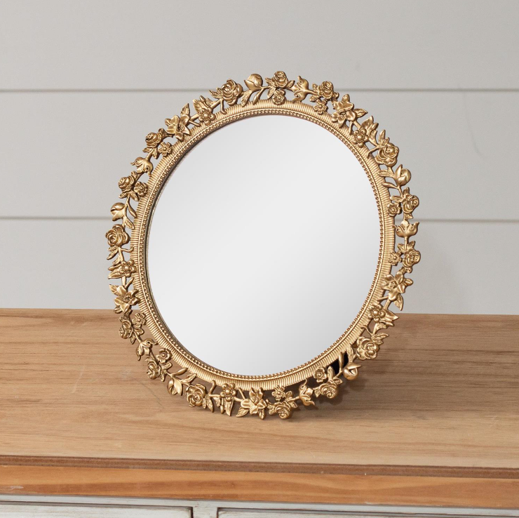 Round Gold Floral Table Mirror