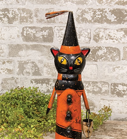 Recycled Metal Witch Cat w/Skull Candy Bucket