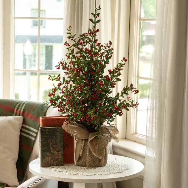 28” Ruscus Leaf & Mini Red Berry Tree with Burlap Base