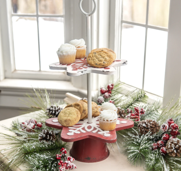 Red & White Two Tier Snowflake Stand