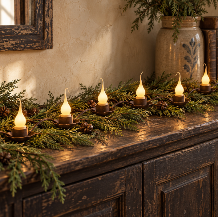 Brown Cord Light String with Rusty Cups – 6 Count