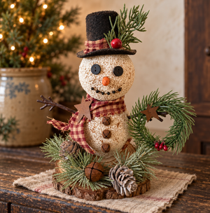 Handmade Primitive Snowman on Wood Slice