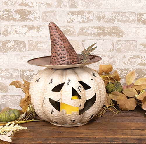 Distressed Antique White Metal LED Witchy Jack Luminary