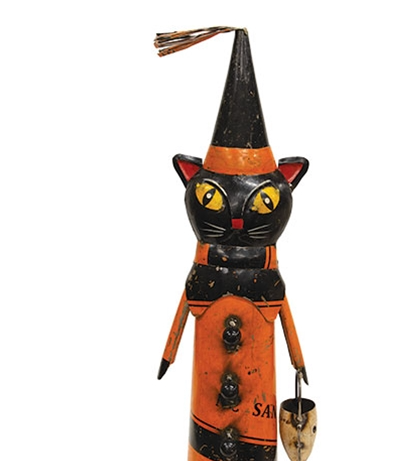 Recycled Metal Witch Cat w/Skull Candy Bucket