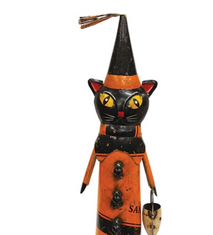Recycled Metal Witch Cat w/Skull Candy Bucket