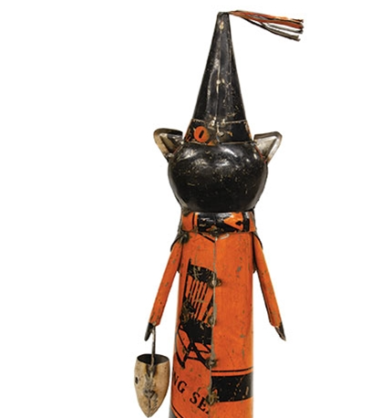 Recycled Metal Witch Cat w/Skull Candy Bucket