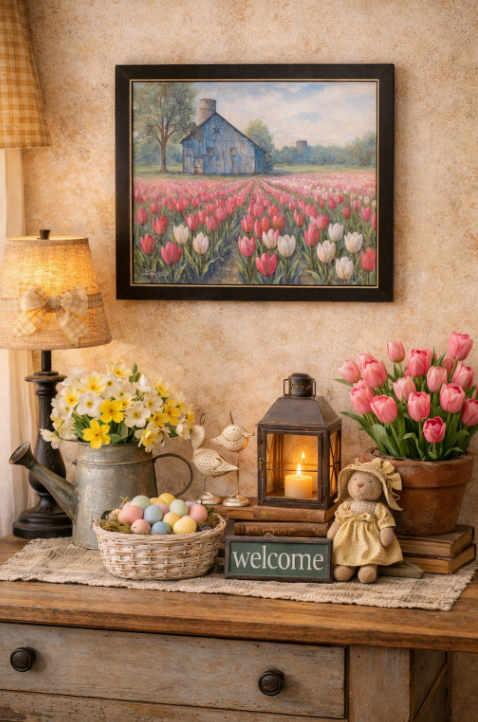 Blue Barn with Tulip Field Print