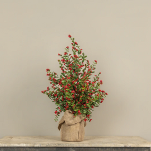 28” Ruscus Leaf & Mini Red Berry Tree with Burlap Base