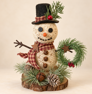 Handmade Primitive Snowman on Wood Slice