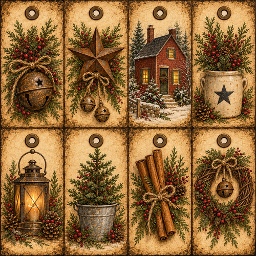 Eight primitive Christmas hang tags with aged parchment, greenery, bells, a saltbox house and rustic Christmas accents