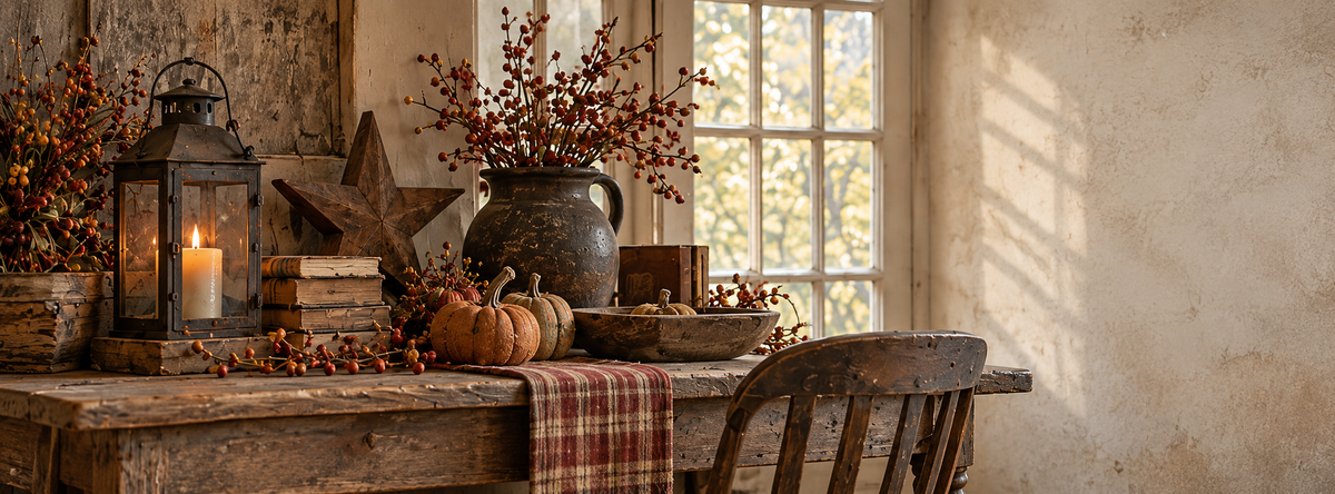 Warm primitive country table with lantern, pip berry branches, wooden star and pumpkins