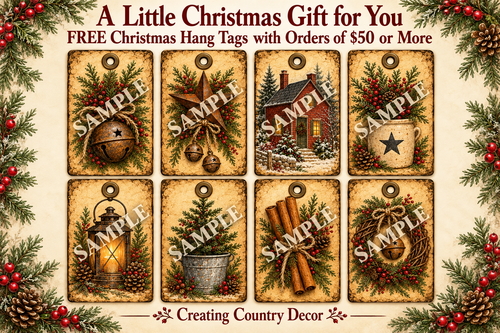 Eight primitive Christmas hang tag designs marked SAMPLE