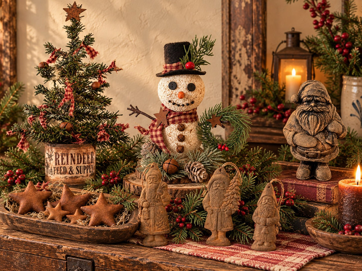 CCD handmade Christmas trees, snowman, Santa ornaments and cinnamon stars in a festive primitive display