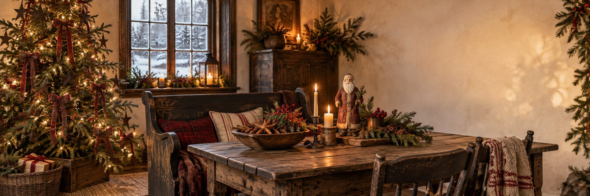 Primitive country Christmas hero styling with evergreen, cranberry accents and warm candlelight