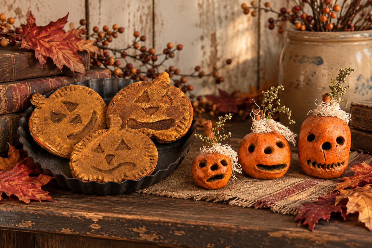 Handmade Primkins and decorative Pumpkin Pantry Cookies arranged on weathered wood with country fall accents.