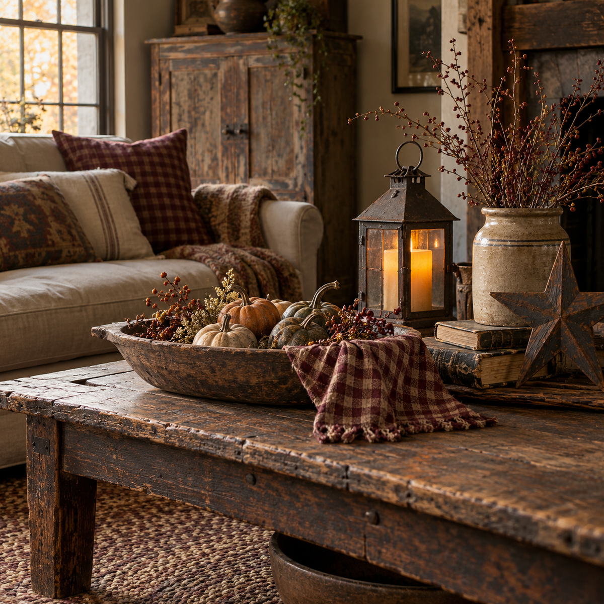 Cozy primitive country living room with rustic bowl, lantern, pip berry branches and pumpkins