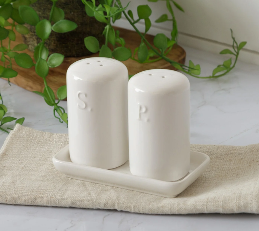 White Cottage Ceramic Salt And Pepper In Tray